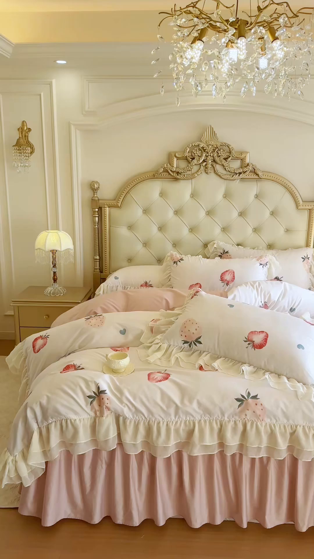 91家纺网 家纺一手货源 找家纺 亲亲公主 2026新款全棉纯棉蕾丝花边小清新印花床裙四件套 花遇草莓