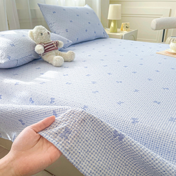 91家纺网 家纺一手货源 找家纺 几禾 2026新款高克重泡芙纱~印花款（单床单）-110g CD-予诗蓝