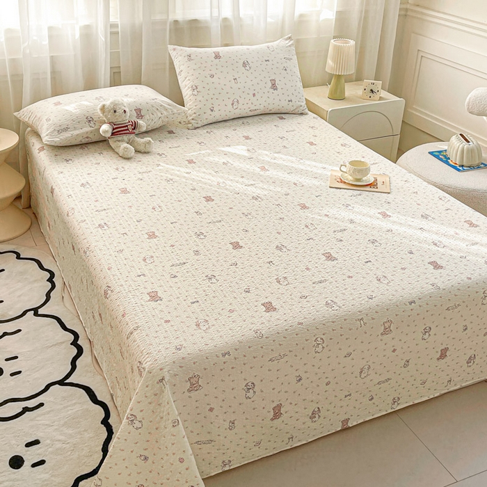 91家纺网 家纺一手货源 找家纺 几禾 2026新款高克重泡芙纱~印花款（单床单）-110g CD-悦悦小兔