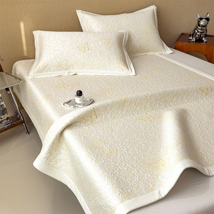 91家纺网 家纺一手货源 找家纺 几禾 2026新款凉感抗菌提花豆豆凉席蝶舞花语 床席-蝶舞花语-泡泡黄