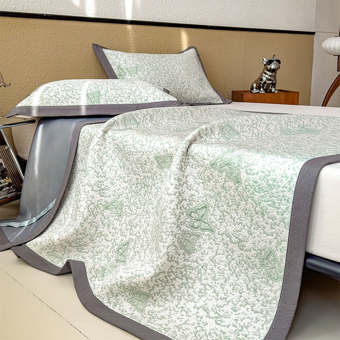 91家纺网 家纺一手货源 找家纺 几禾 2026新款凉感抗菌提花豆豆凉席蝶舞花语 床席-蝶舞花语-森林绿