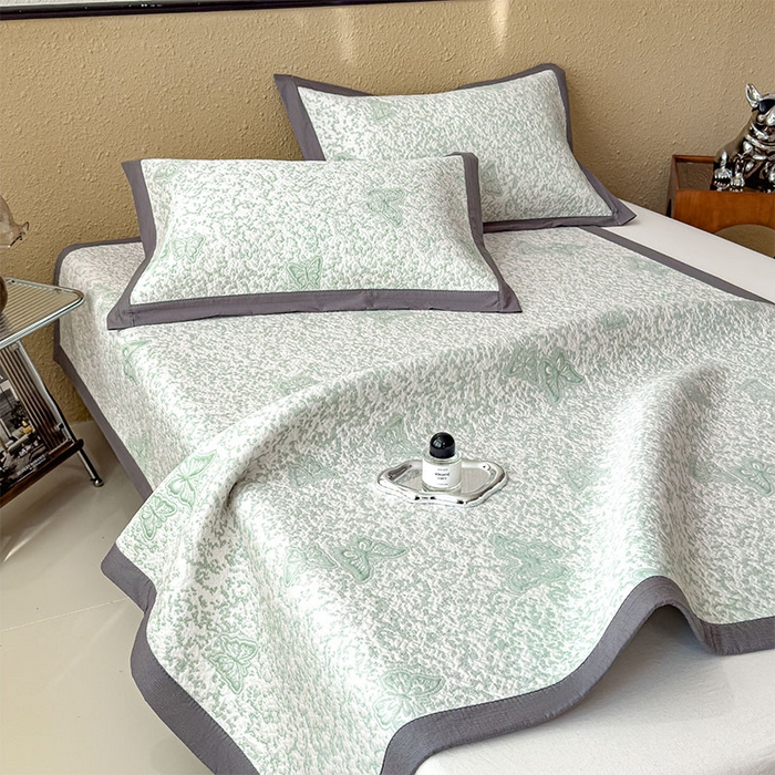 91家纺网 家纺一手货源 找家纺 几禾 2026新款凉感抗菌提花豆豆凉席蝶舞花语 床席-蝶舞花语-森林绿