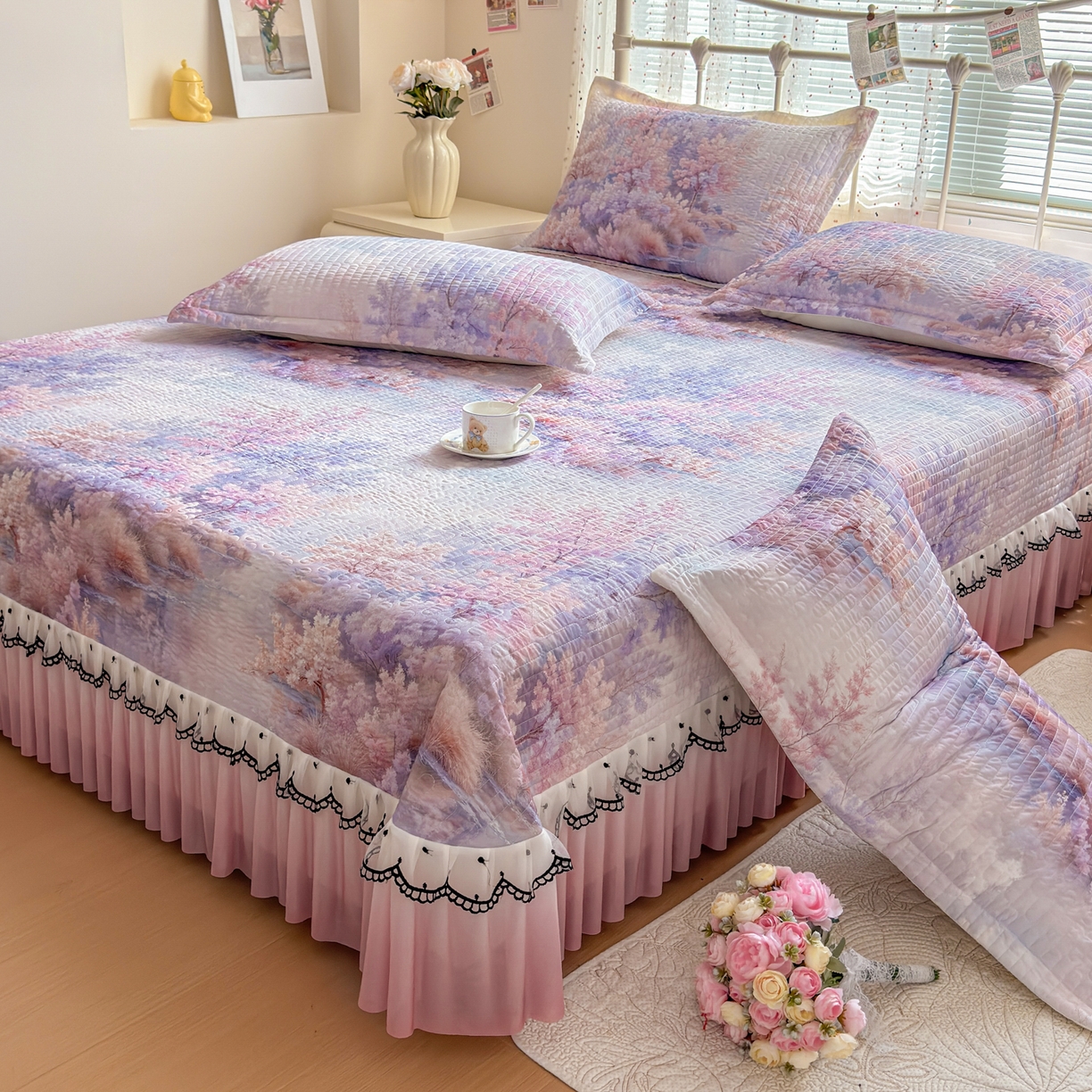 91家纺网 家纺一手货源 找家纺 鑫利来家纺 2026新款凉感丝小冰皮软凉席三件套蕾丝花边床裙款养生空调席子三件套单凉席 梦境