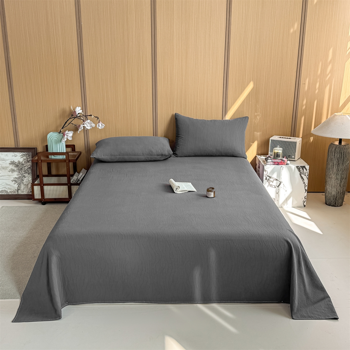 91家纺网 家纺一手货源 找家纺 灰鲸 2026新款全棉简约三层纱色织提花单品床单 浅忆-素墨