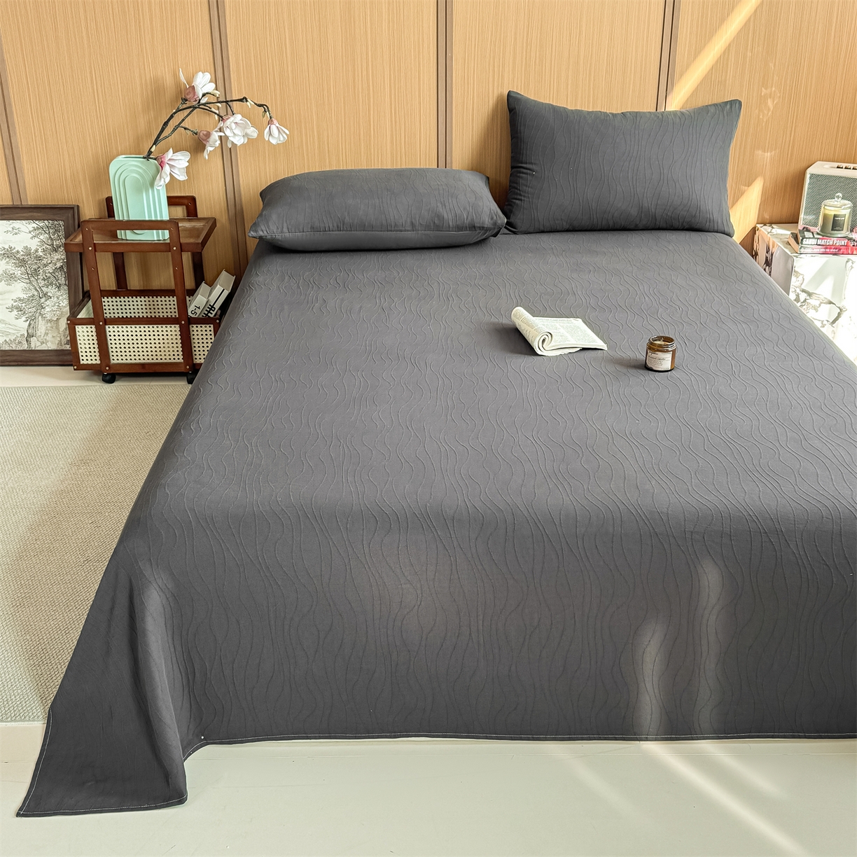 91家纺网 家纺一手货源 找家纺 灰鲸 2026新款全棉简约三层纱色织提花单品床单 浅忆-素墨