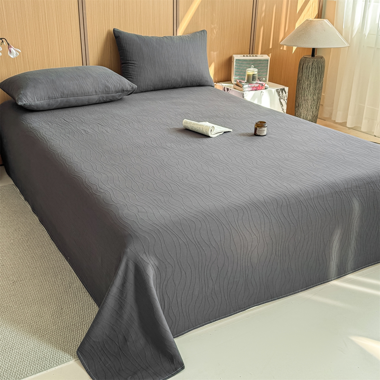 91家纺网 家纺一手货源 找家纺 灰鲸 2026新款全棉简约三层纱色织提花单品床单 浅忆-素墨