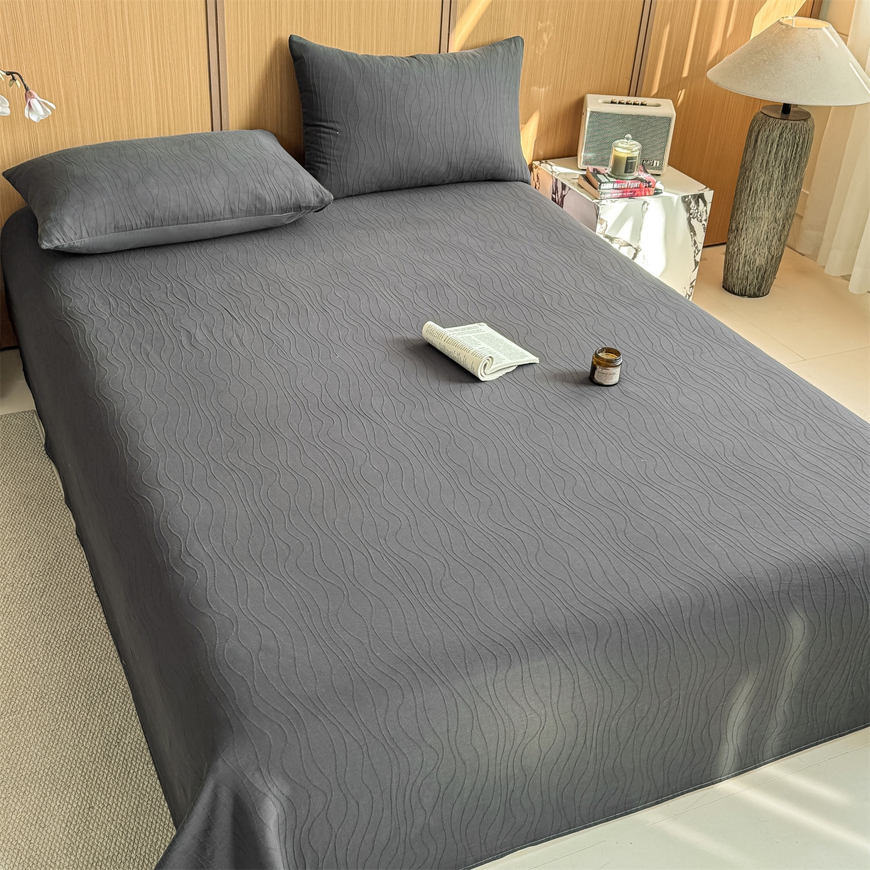 91家纺网 家纺一手货源 找家纺 灰鲸 2026新款全棉简约三层纱色织提花单品床单 浅忆-素墨