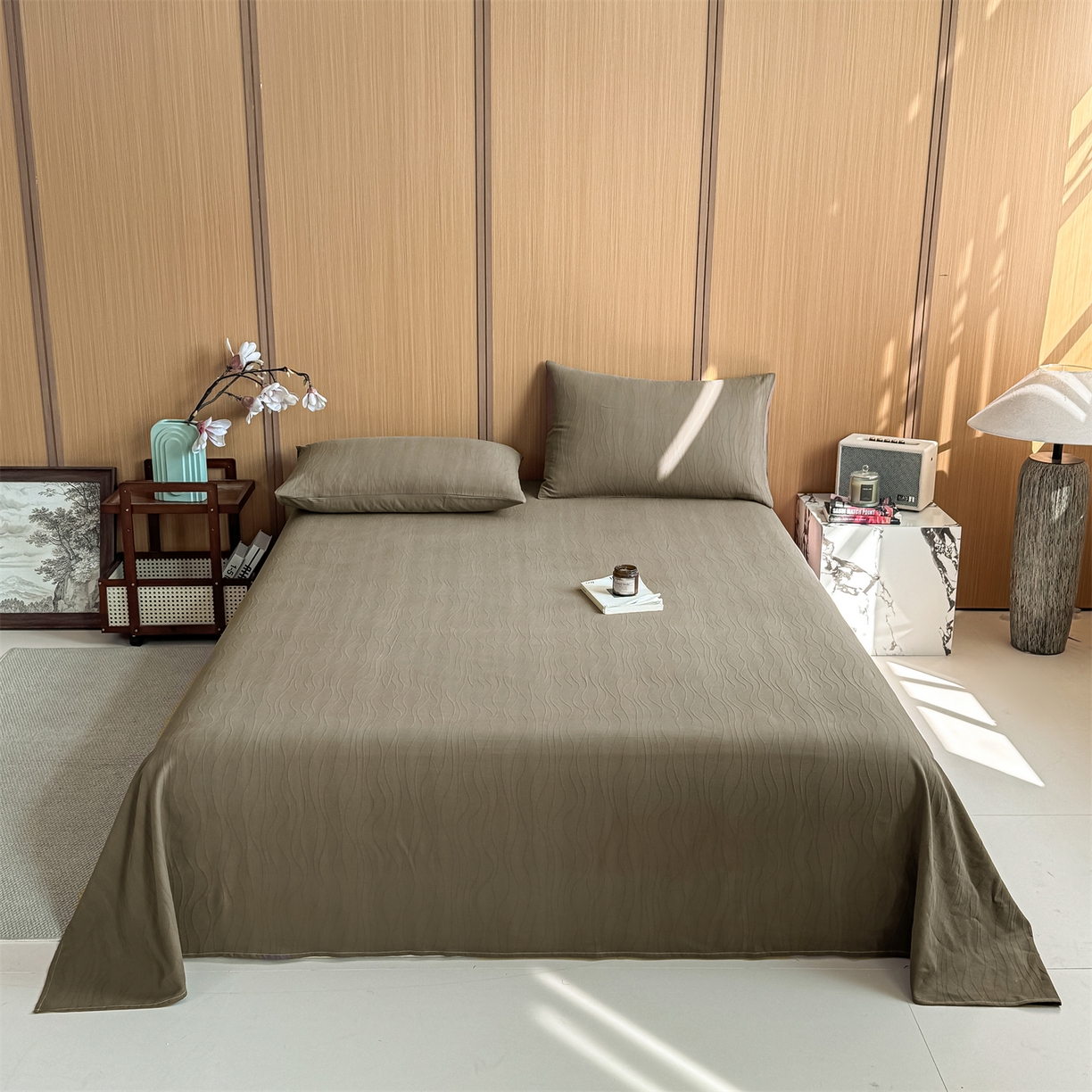 91家纺网 家纺一手货源 找家纺 灰鲸 2026新款全棉简约三层纱色织提花单品床单 浅忆-摩卡