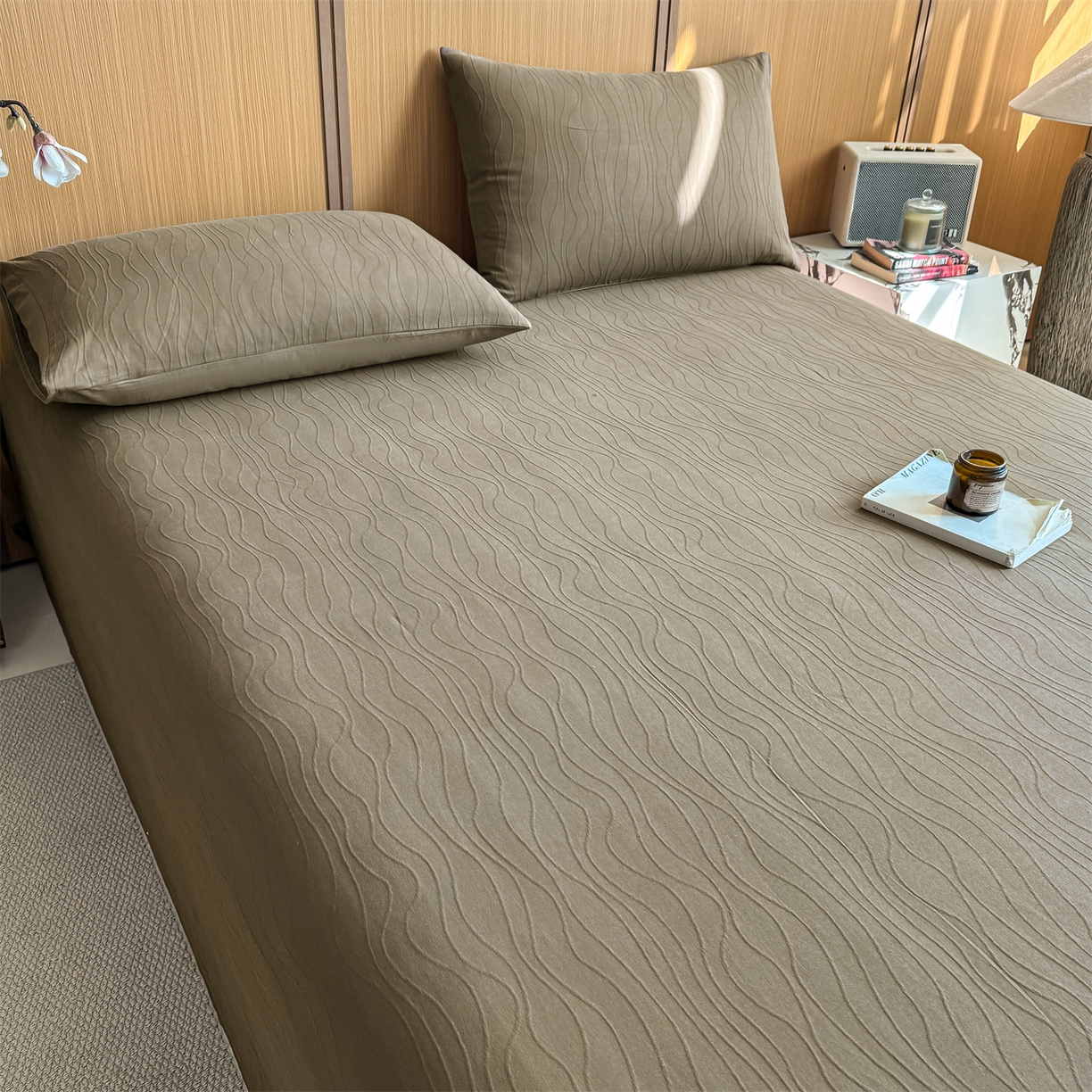 91家纺网 家纺一手货源 找家纺 灰鲸 2026新款全棉简约三层纱色织提花单品床单 浅忆-摩卡