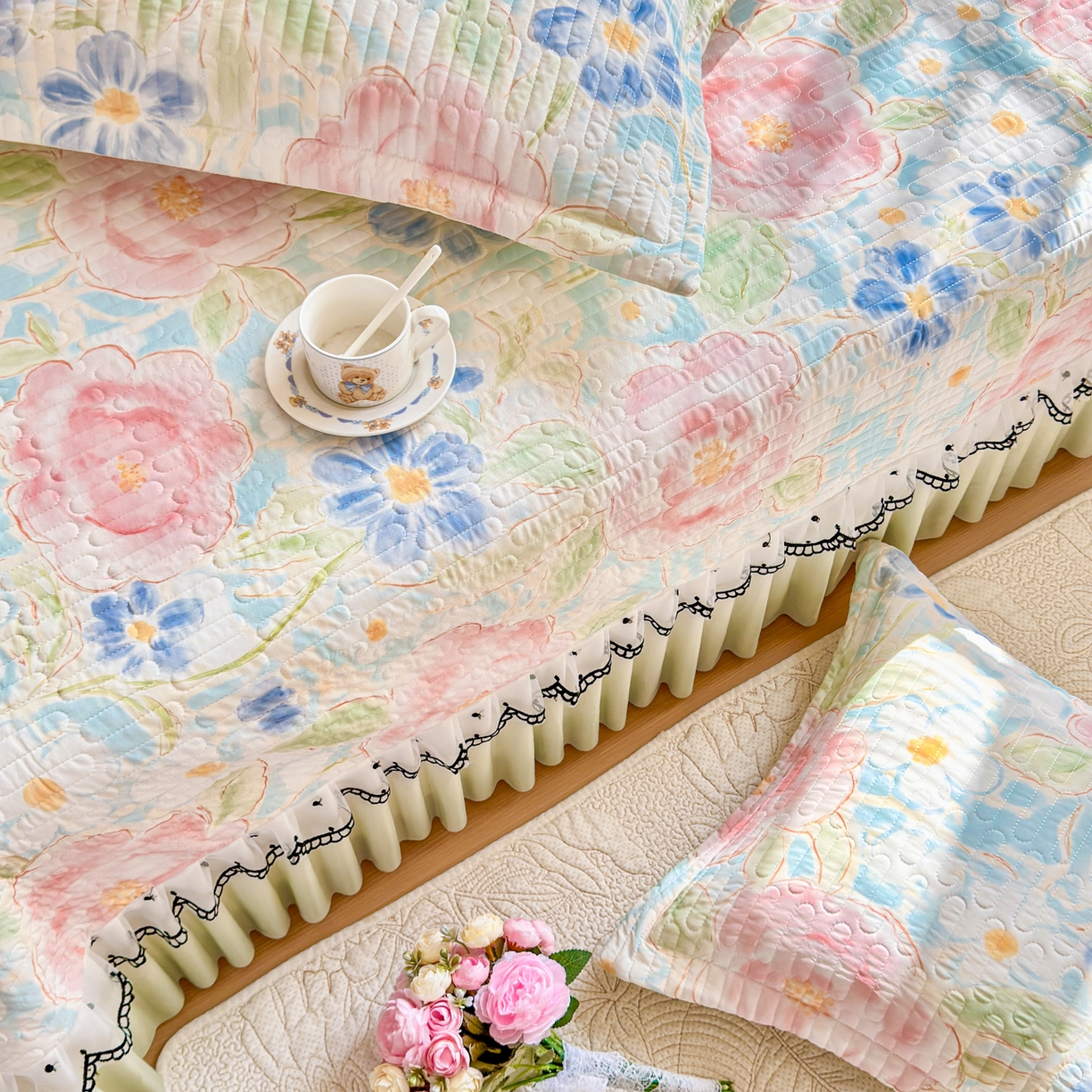 91家纺网 家纺一手货源 找家纺 （总）鑫利来家纺 2026新款凉感丝小冰皮软凉席三件套蕾丝花边床裙款养生空调席子三件套单凉席