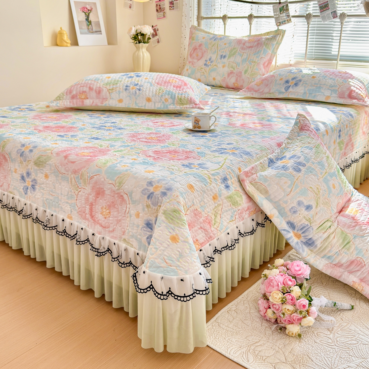 鑫利来家纺 2026新款凉感丝小冰皮软凉席三件套蕾丝花边床裙款养生空调席子三件套单凉席 花漾