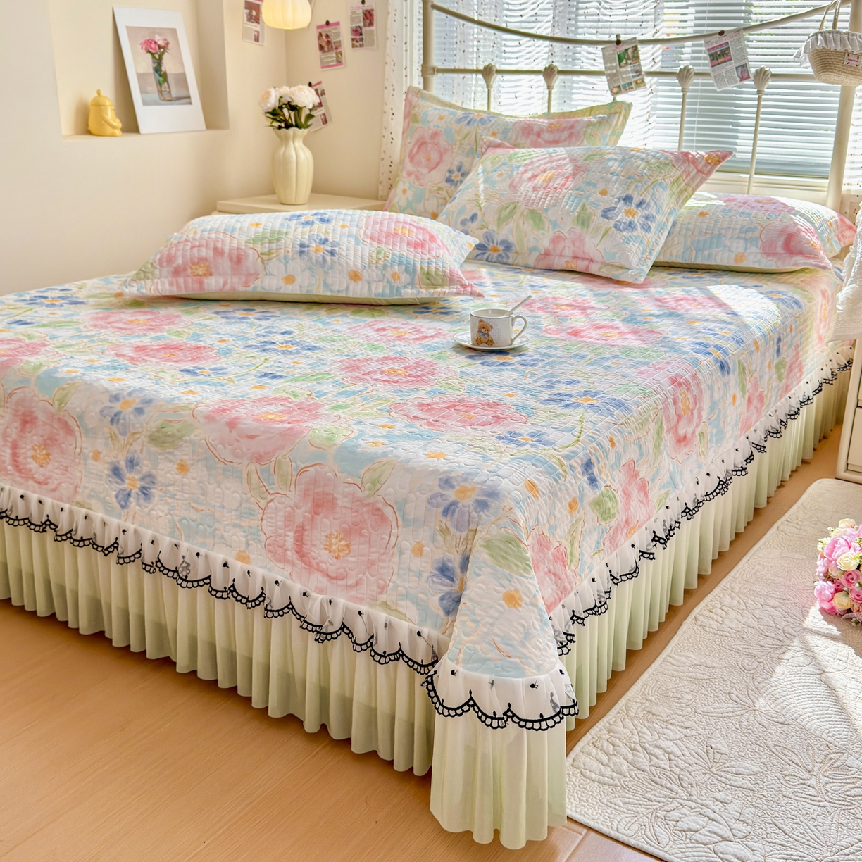 91家纺网 家纺一手货源 找家纺 （总）鑫利来家纺 2026新款凉感丝小冰皮软凉席三件套蕾丝花边床裙款养生空调席子三件套单凉席