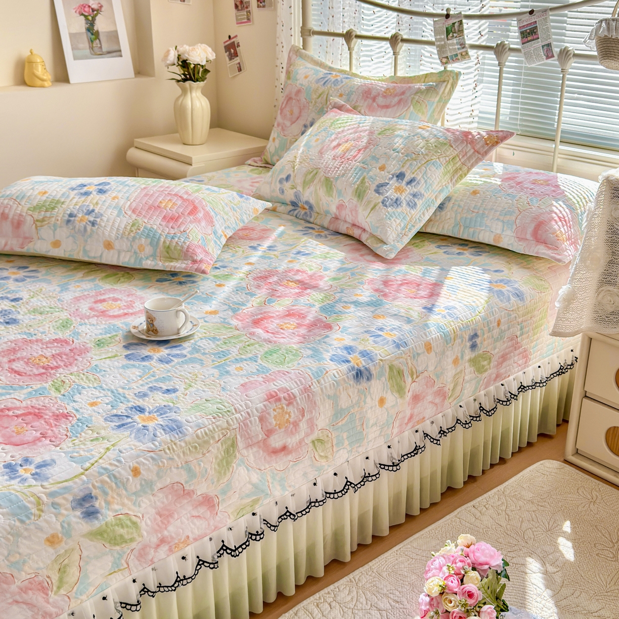 91家纺网 家纺一手货源 找家纺 （总）鑫利来家纺 2026新款凉感丝小冰皮软凉席三件套蕾丝花边床裙款养生空调席子三件套单凉席