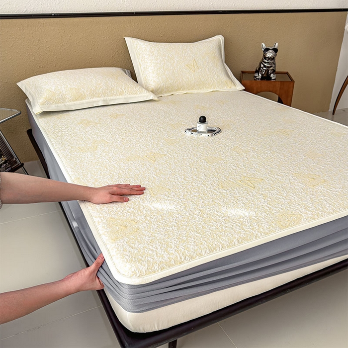 91家纺网 家纺一手货源 找家纺 几禾 2026新款凉感抗菌提花豆豆凉席蝶舞花语 床笠-蝶舞花语-泡泡黄