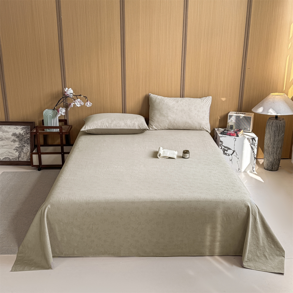 91家纺网 家纺一手货源 找家纺 灰鲸 2026新款全棉简约三层纱色织提花单品床单 花影-可可奶咖