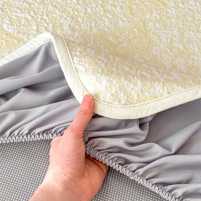 91家纺网 家纺一手货源 找家纺 几禾 2026新款凉感抗菌提花豆豆凉席蝶舞花语 床笠-蝶舞花语-泡泡黄