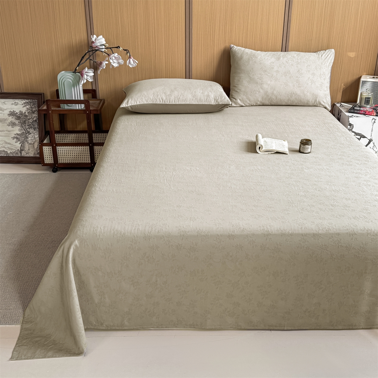 91家纺网 家纺一手货源 找家纺 灰鲸 2026新款全棉简约三层纱色织提花单品床单 花影-可可奶咖