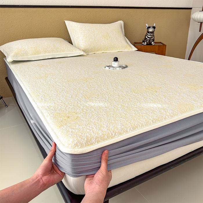 91家纺网 家纺一手货源 找家纺 几禾 2026新款凉感抗菌提花豆豆凉席蝶舞花语 床笠-蝶舞花语-泡泡黄