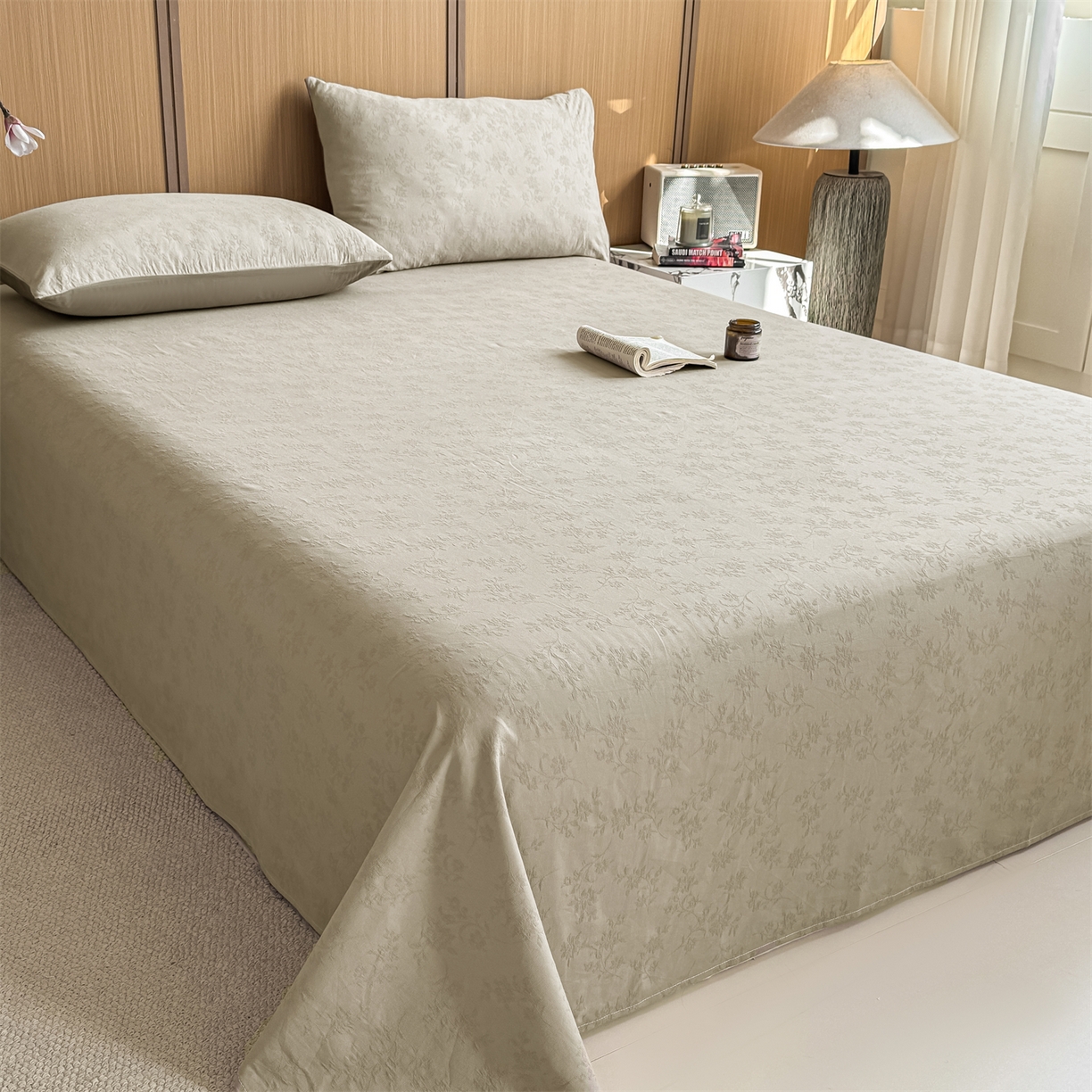 91家纺网 家纺一手货源 找家纺 灰鲸 2026新款全棉简约三层纱色织提花单品床单 花影-可可奶咖