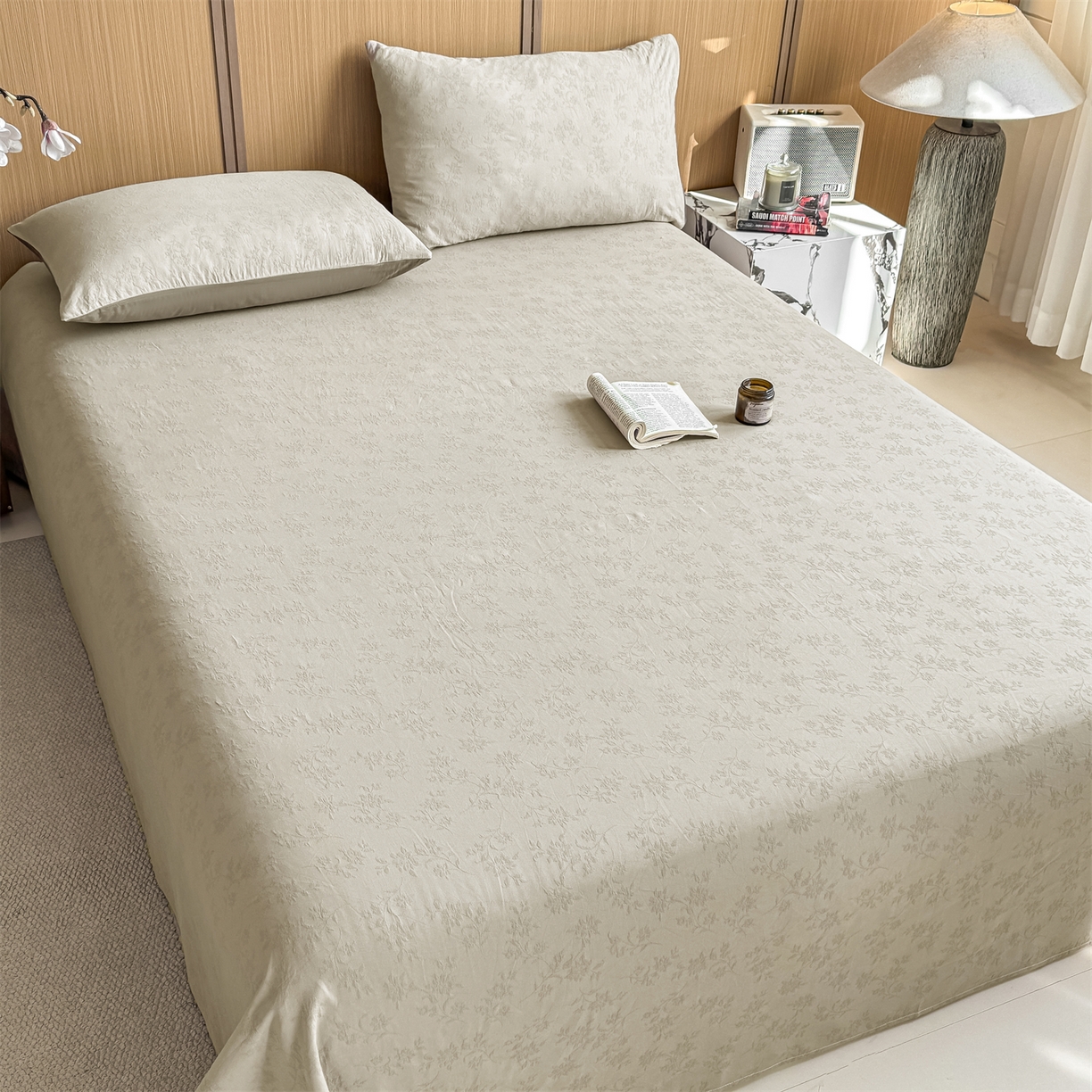 91家纺网 家纺一手货源 找家纺 灰鲸 2026新款全棉简约三层纱色织提花单品床单 花影-可可奶咖