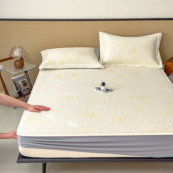 91家纺网 家纺一手货源 找家纺 几禾 2026新款凉感抗菌提花豆豆凉席蝶舞花语 床笠-蝶舞花语-泡泡黄