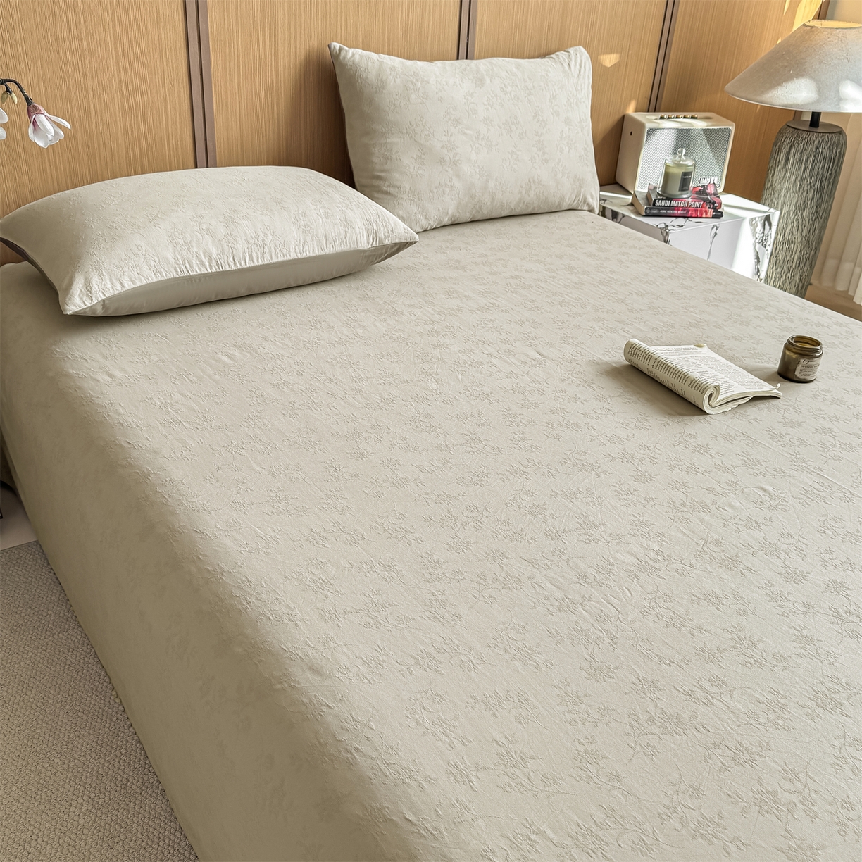 91家纺网 家纺一手货源 找家纺 灰鲸 2026新款全棉简约三层纱色织提花单品床单 花影-可可奶咖