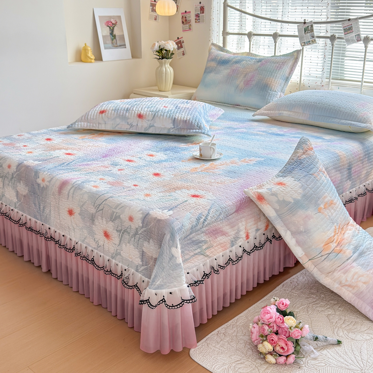 鑫利来家纺 2026新款凉感丝小冰皮软凉席三件套蕾丝花边床裙款养生空调席子三件套单凉席 花间如梦