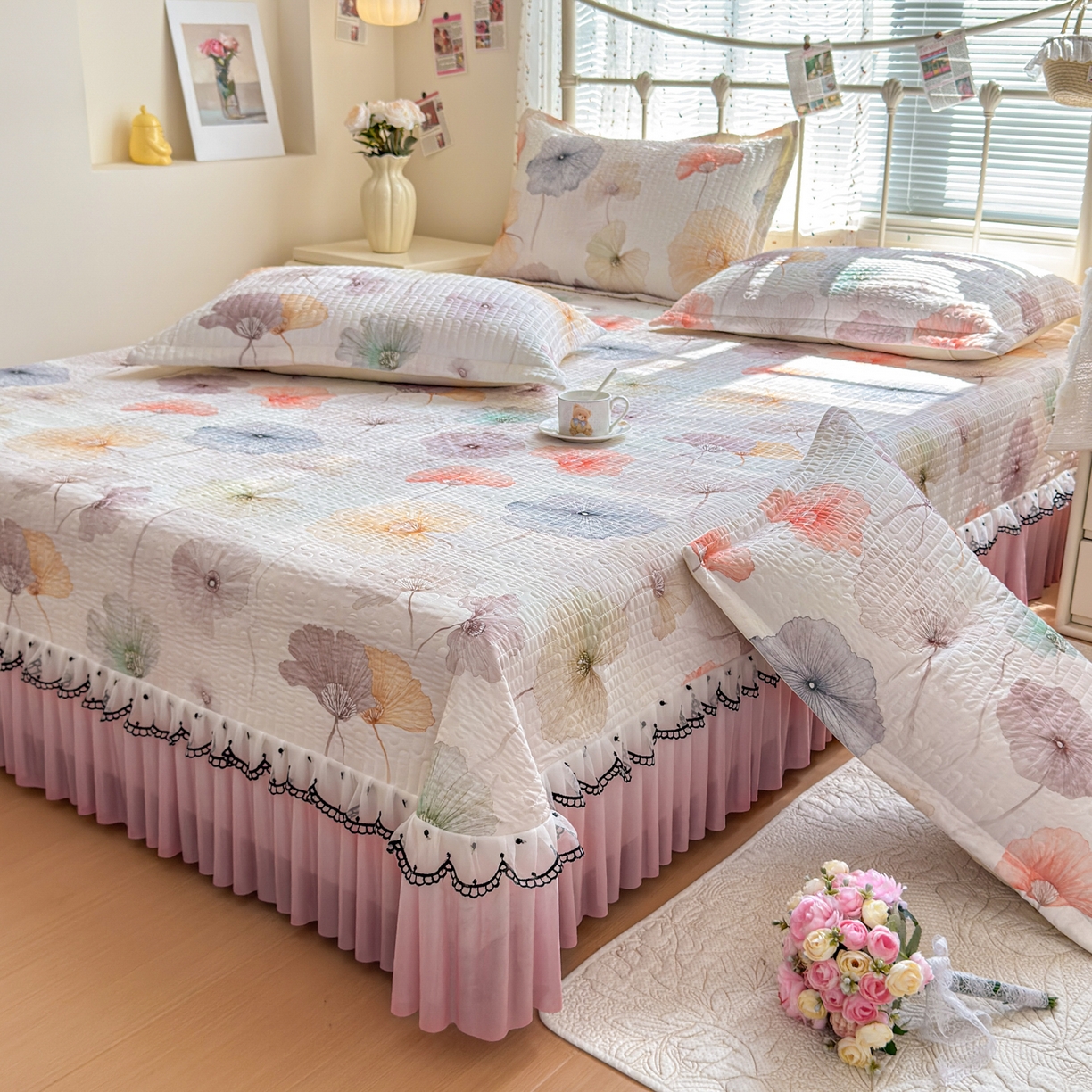 鑫利来家纺 2026新款凉感丝小冰皮软凉席三件套蕾丝花边床裙款养生空调席子三件套单凉席 陌上彩叶