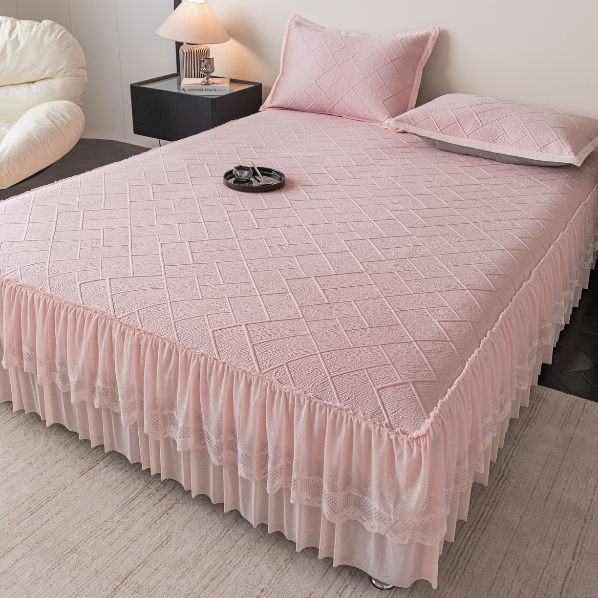 （总）栩裕纺织 2026新款清纱菱纹床裙款豆豆席凉席