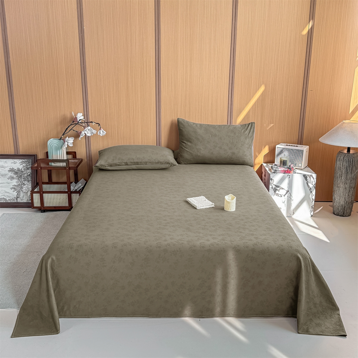 91家纺网 家纺一手货源 找家纺 灰鲸 2026新款全棉简约三层纱色织提花单品床单 花影-摩卡