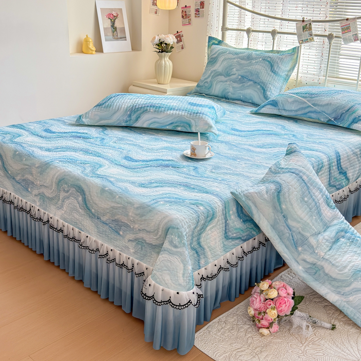 鑫利来家纺 2026新款凉感丝小冰皮软凉席三件套蕾丝花边床裙款养生空调席子三件套单凉席 星河