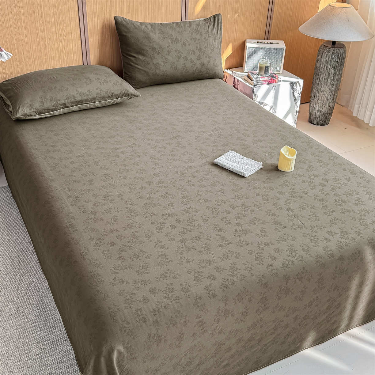 91家纺网 家纺一手货源 找家纺 灰鲸 2026新款全棉简约三层纱色织提花单品床单 花影-摩卡