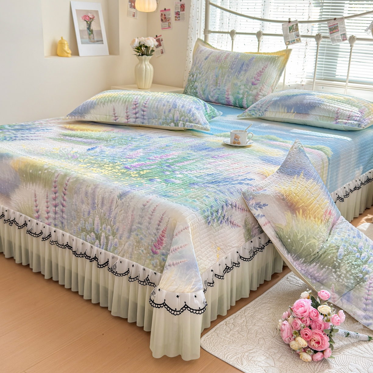 鑫利来家纺 2026新款凉感丝小冰皮软凉席三件套蕾丝花边床裙款养生空调席子三件套单凉席 紫熏