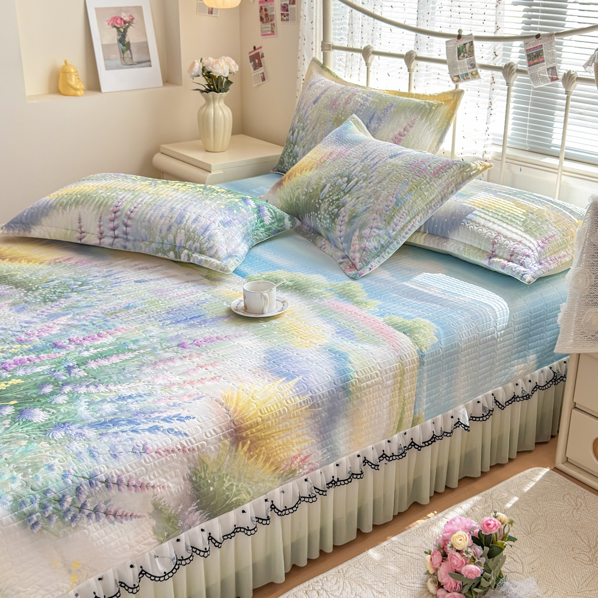 91家纺网 家纺一手货源 找家纺 鑫利来家纺 2026新款凉感丝小冰皮软凉席三件套蕾丝花边床裙款养生空调席子三件套单凉席 紫熏