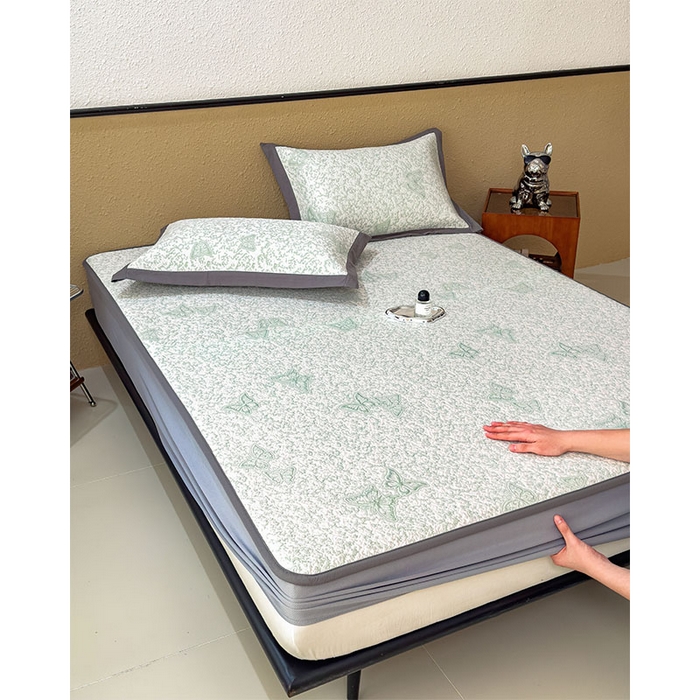 91家纺网 家纺一手货源 找家纺 几禾 2026新款凉感抗菌提花豆豆凉席蝶舞花语 床笠-蝶舞花语-森林绿