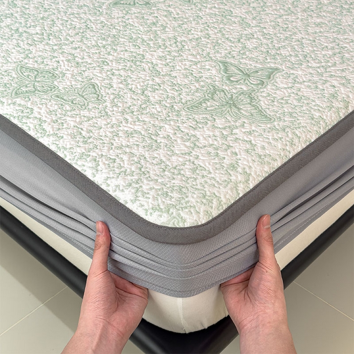 91家纺网 家纺一手货源 找家纺 几禾 2026新款凉感抗菌提花豆豆凉席蝶舞花语 床笠-蝶舞花语-森林绿