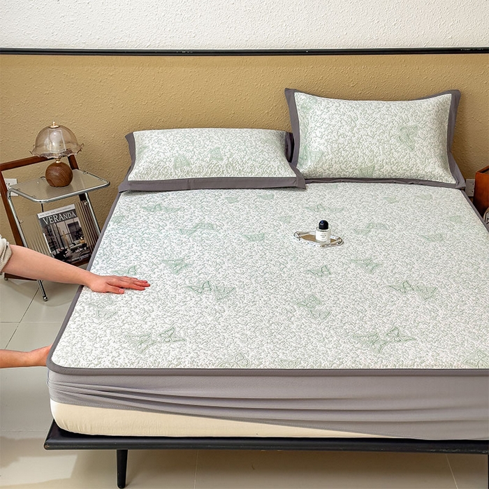 91家纺网 家纺一手货源 找家纺 几禾 2026新款凉感抗菌提花豆豆凉席蝶舞花语 床笠-蝶舞花语-森林绿