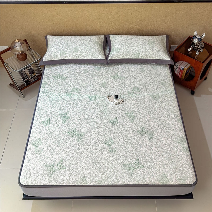 91家纺网 家纺一手货源 找家纺 几禾 2026新款凉感抗菌提花豆豆凉席蝶舞花语 床笠-蝶舞花语-森林绿