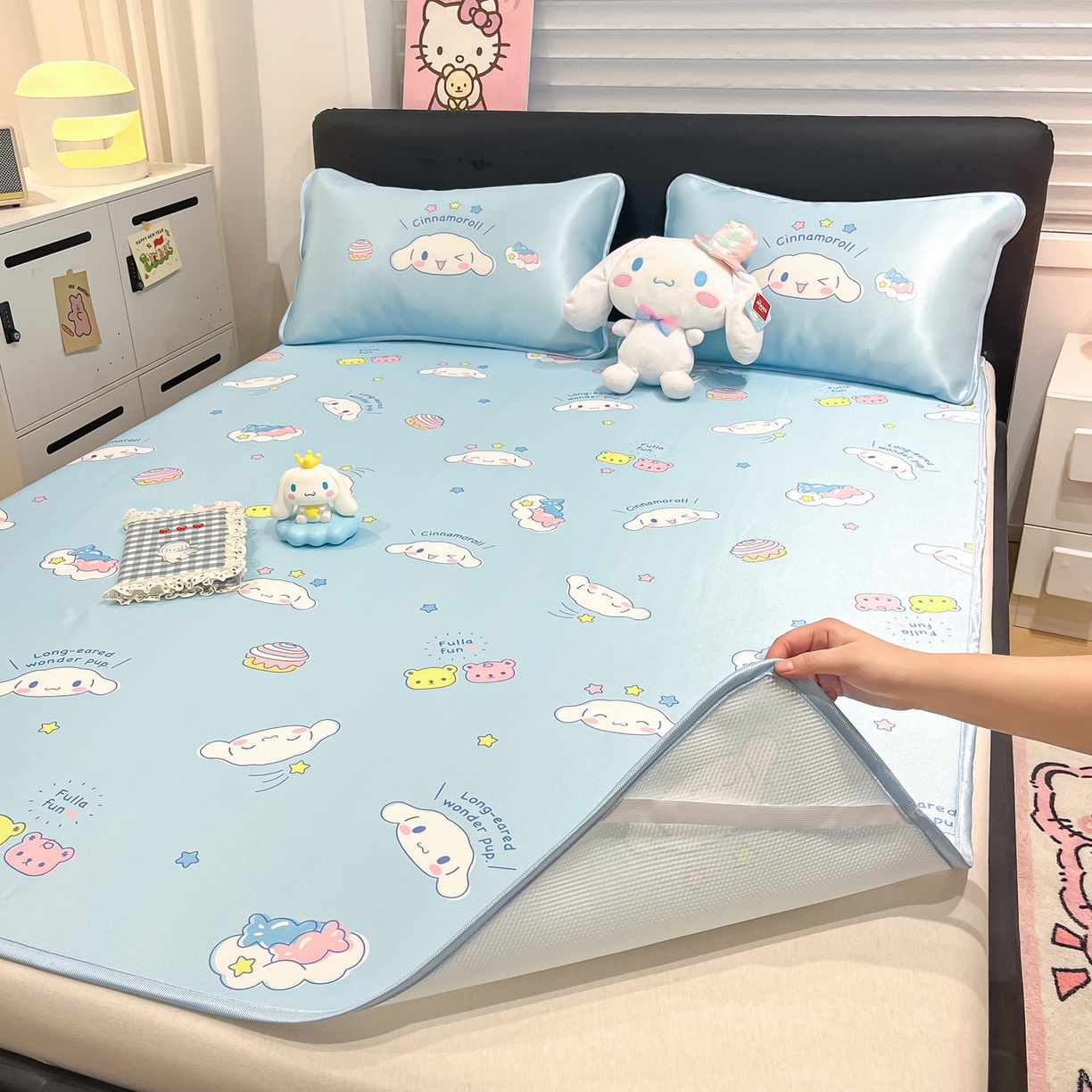 91家纺网 家纺一手货源 找家纺 暮思家居 2026新款三丽鸥正版授权数码印花A类可机洗1200D冰丝凉席三件套平铺款系列 平铺款-云朵大耳狗