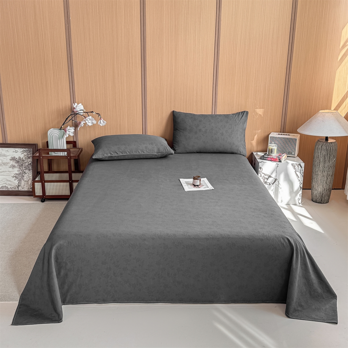 91家纺网 家纺一手货源 找家纺 灰鲸 2026新款全棉简约三层纱色织提花单品床单 花影-素墨