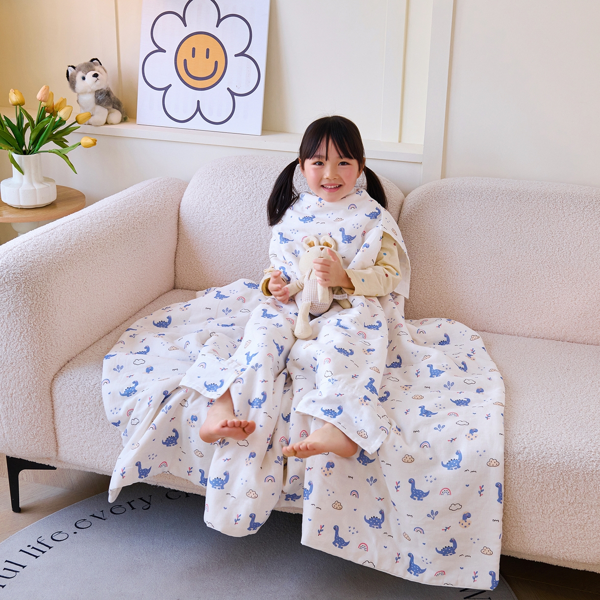 91家纺网 家纺一手货源 找家纺 拾小柒 2026新款全棉双层纱多功能防踢被 恐龙乐园