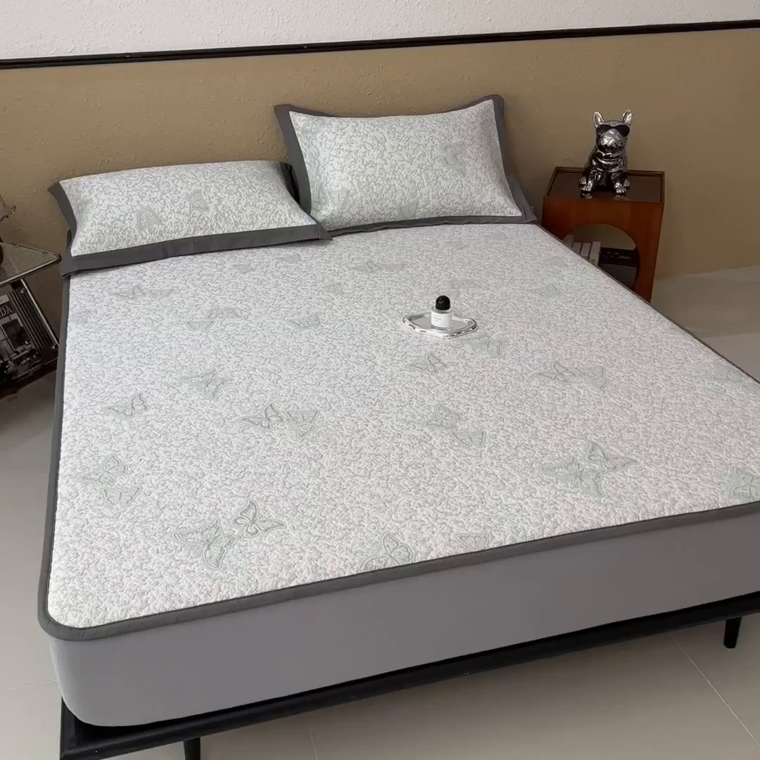 91家纺网 家纺一手货源 找家纺 几禾 2026新款凉感抗菌提花豆豆凉席蝶舞花语 床笠-蝶舞花语-森林绿