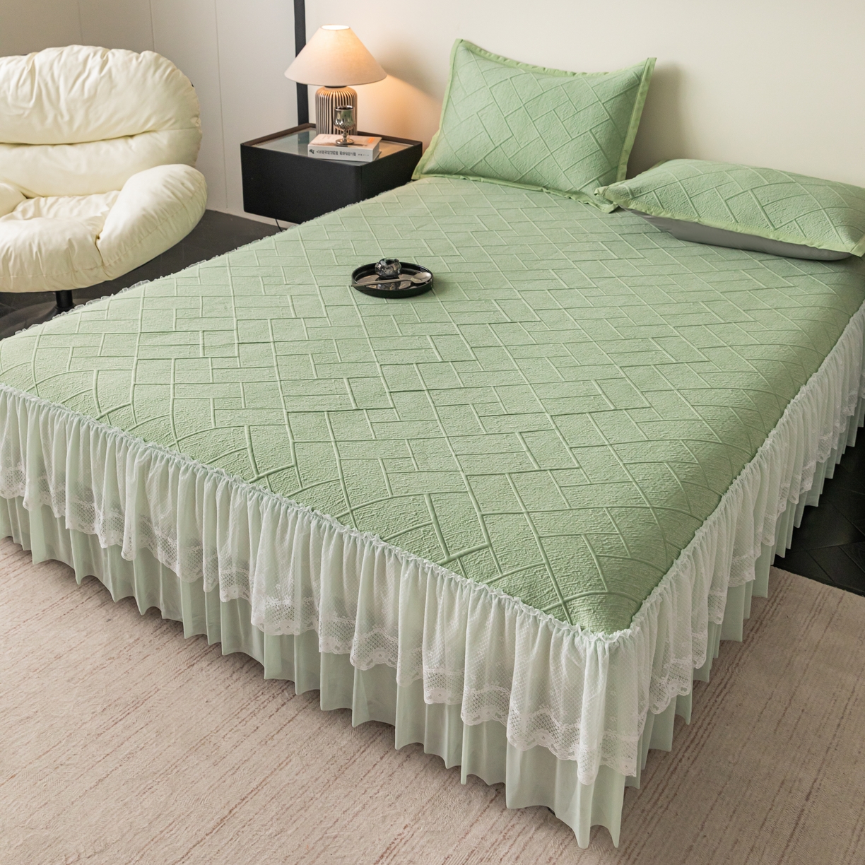 栩裕纺织 2026新款清纱菱纹床裙款豆豆席凉席 薄荷绿