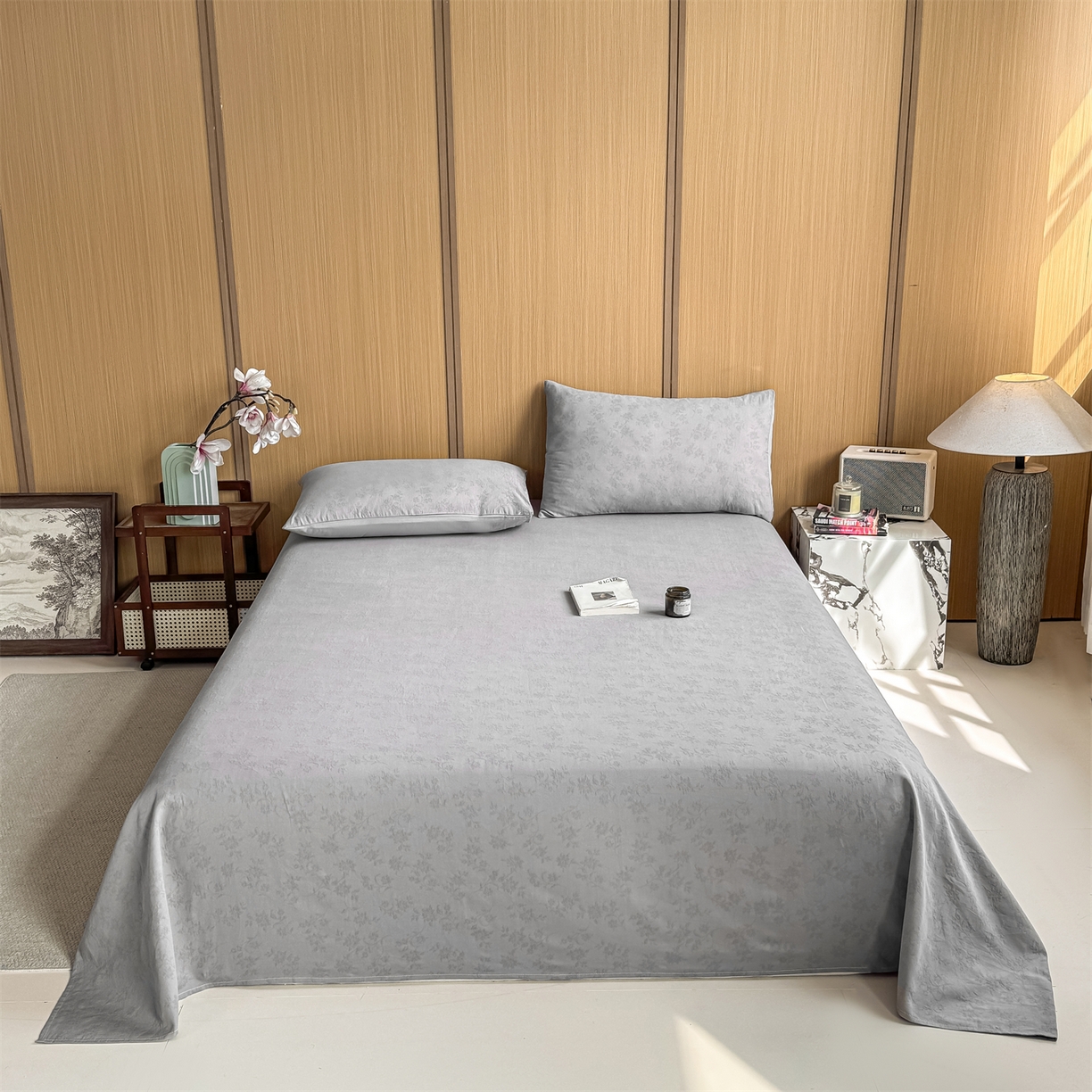 91家纺网 家纺一手货源 找家纺 灰鲸 2026新款全棉简约三层纱色织提花单品床单 花影-雾灰