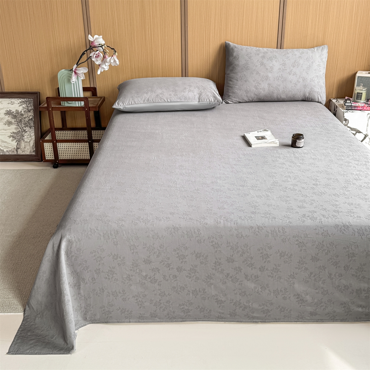 91家纺网 家纺一手货源 找家纺 灰鲸 2026新款全棉简约三层纱色织提花单品床单 花影-雾灰