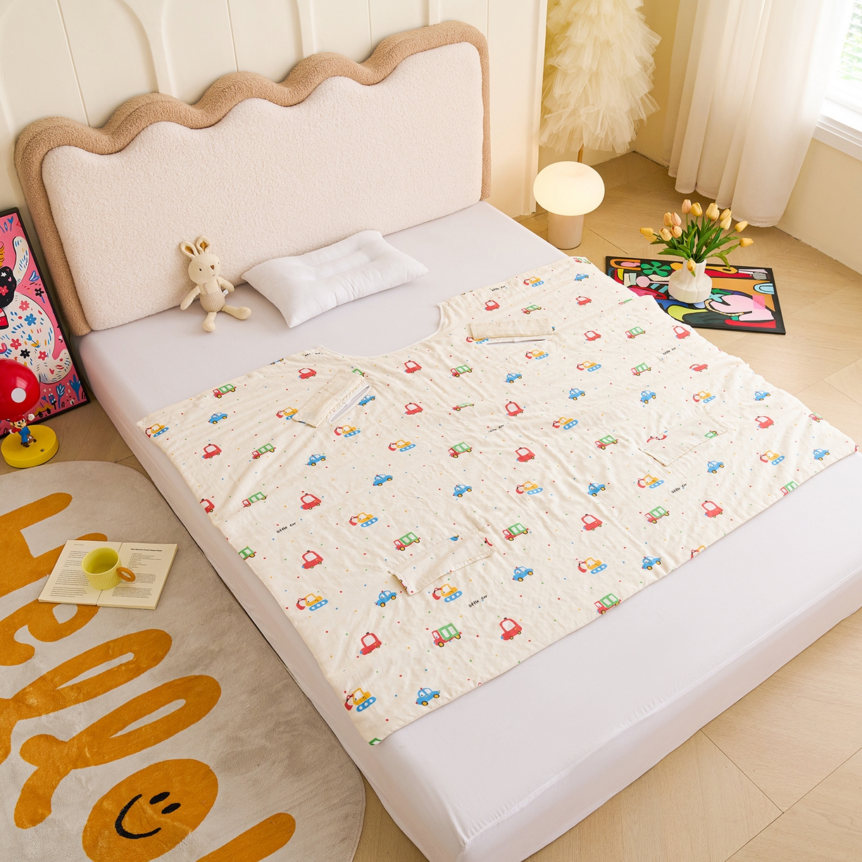 91家纺网 家纺一手货源 找家纺 拾小柒 2026新款全棉双层纱多功能防踢被 萌趣汽车城