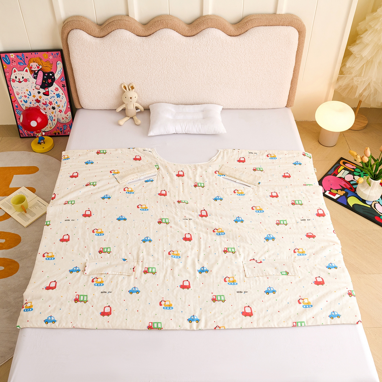 91家纺网 家纺一手货源 找家纺 拾小柒 2026新款全棉双层纱多功能防踢被 萌趣汽车城