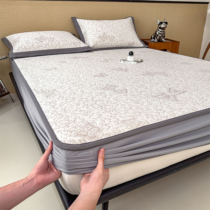 91家纺网 家纺一手货源 找家纺 几禾 2026新款凉感抗菌提花豆豆凉席蝶舞花语 床笠-蝶舞花语-星空咖