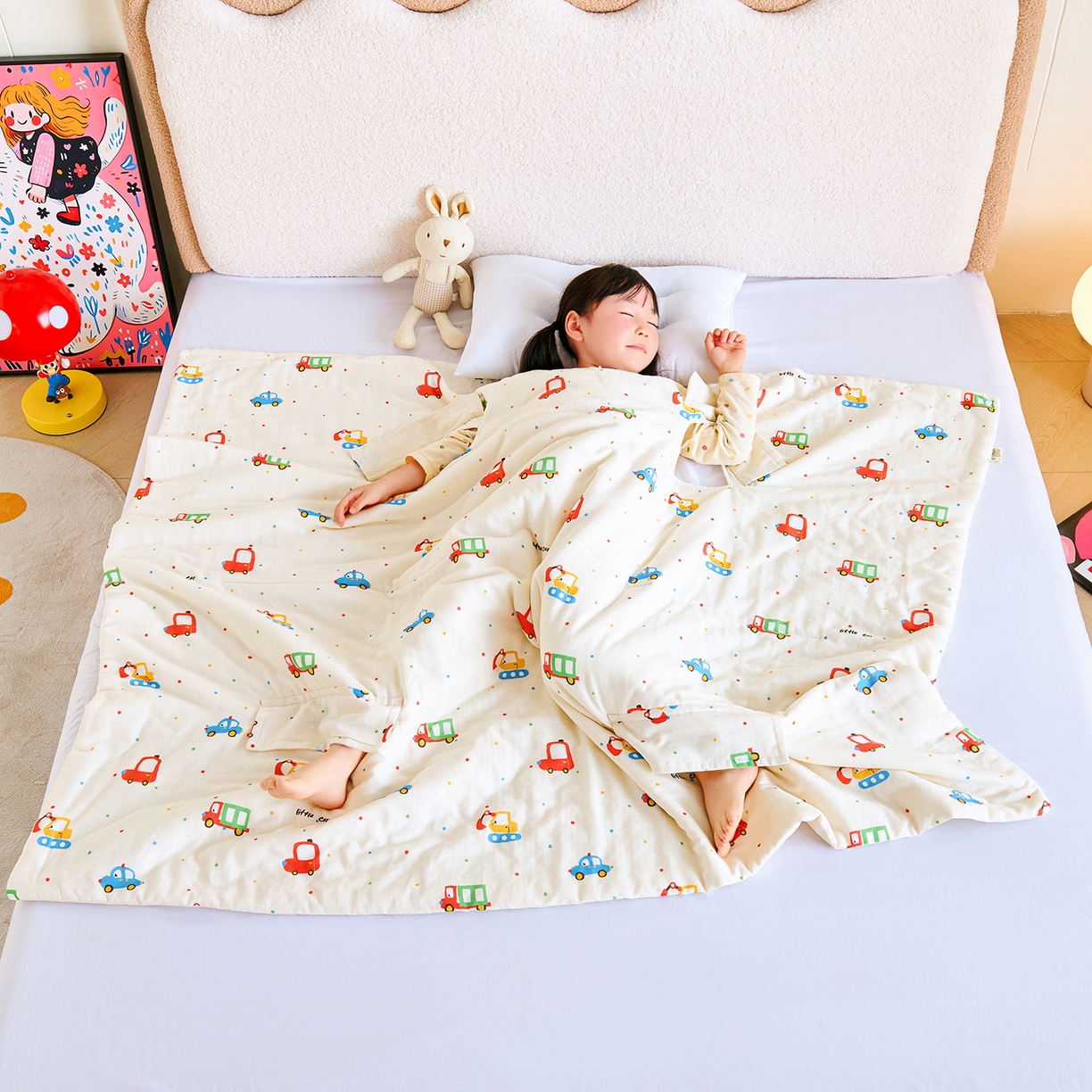 91家纺网 家纺一手货源 找家纺 拾小柒 2026新款全棉双层纱多功能防踢被 萌趣汽车城