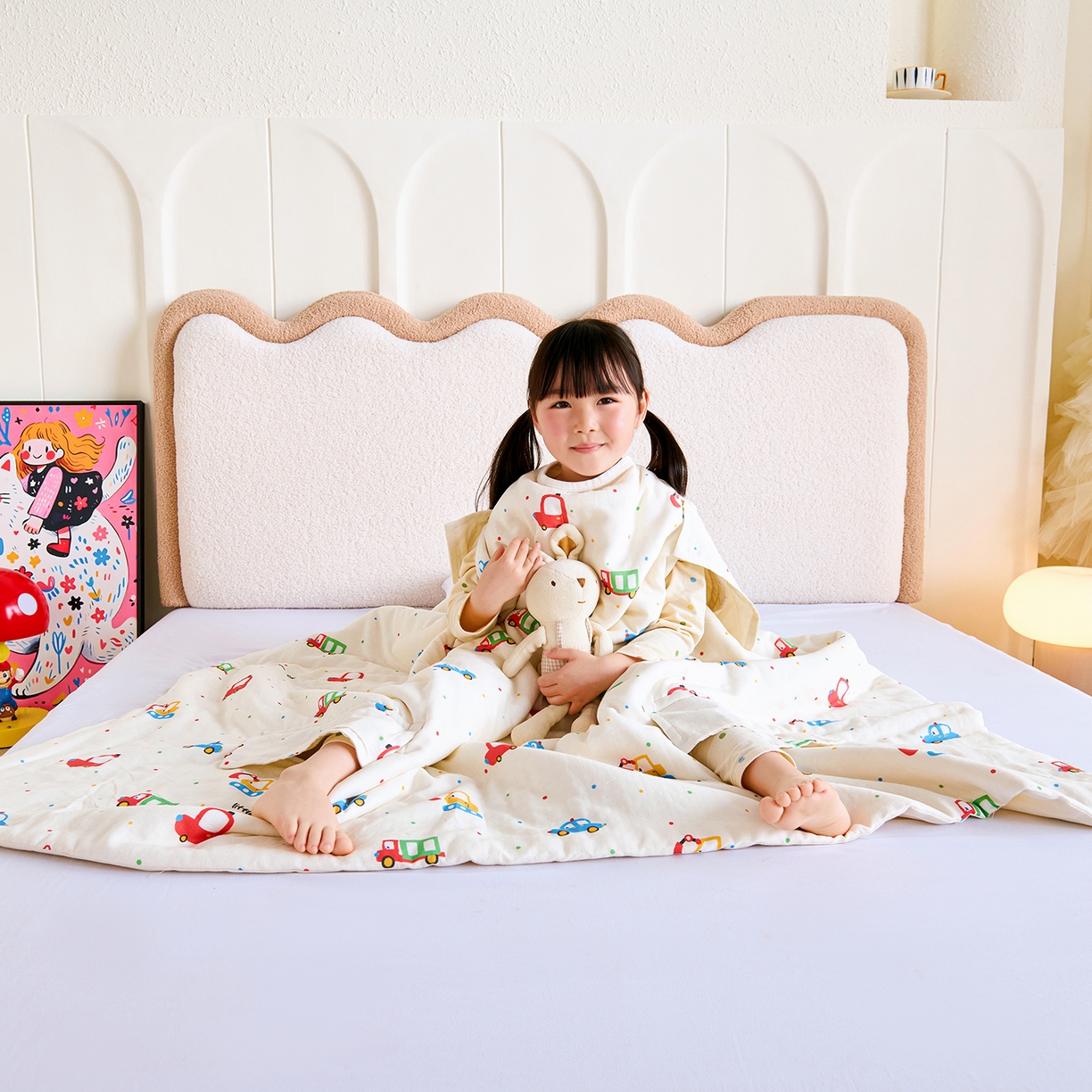 91家纺网 家纺一手货源 找家纺 拾小柒 2026新款全棉双层纱多功能防踢被 萌趣汽车城